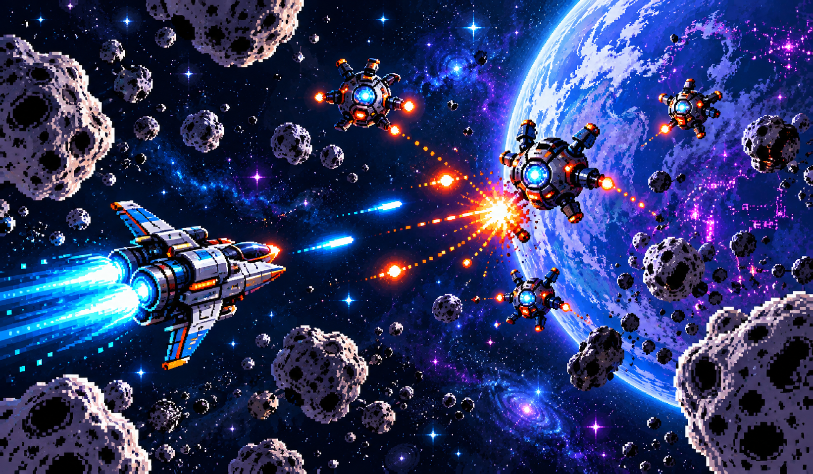 A spacecraft with blue thrusters flies past asteroids and enemy ships.