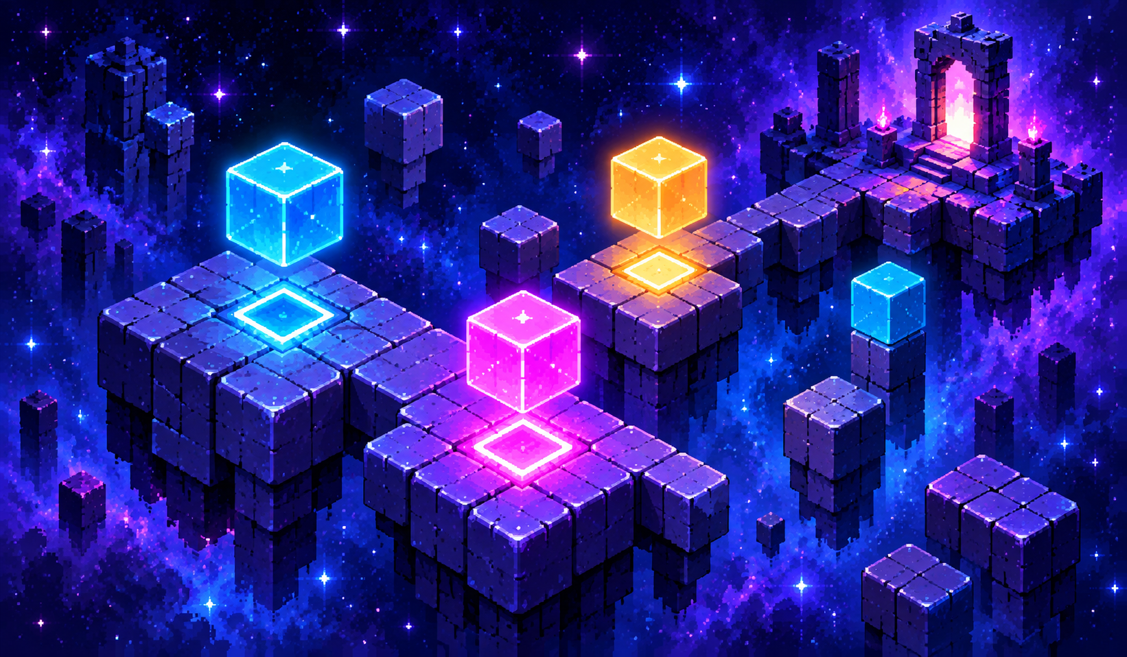 Glowing colorful cubes hover over floating isometric puzzle platforms.