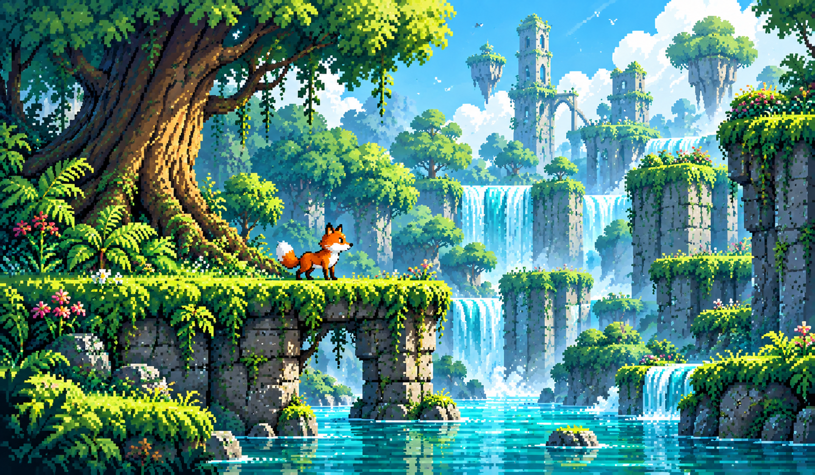 A small orange fox stands in a lush forest beside a waterfall.